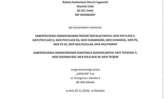 Marcin Łęgowski certyfikat