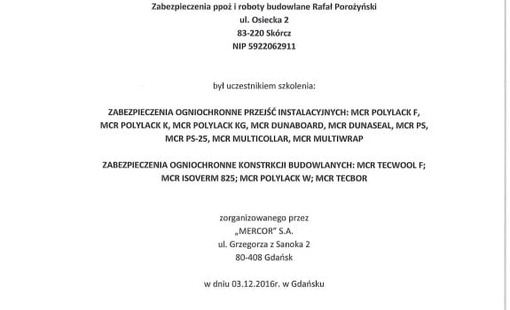 Rafał Porożyński certyfikat
